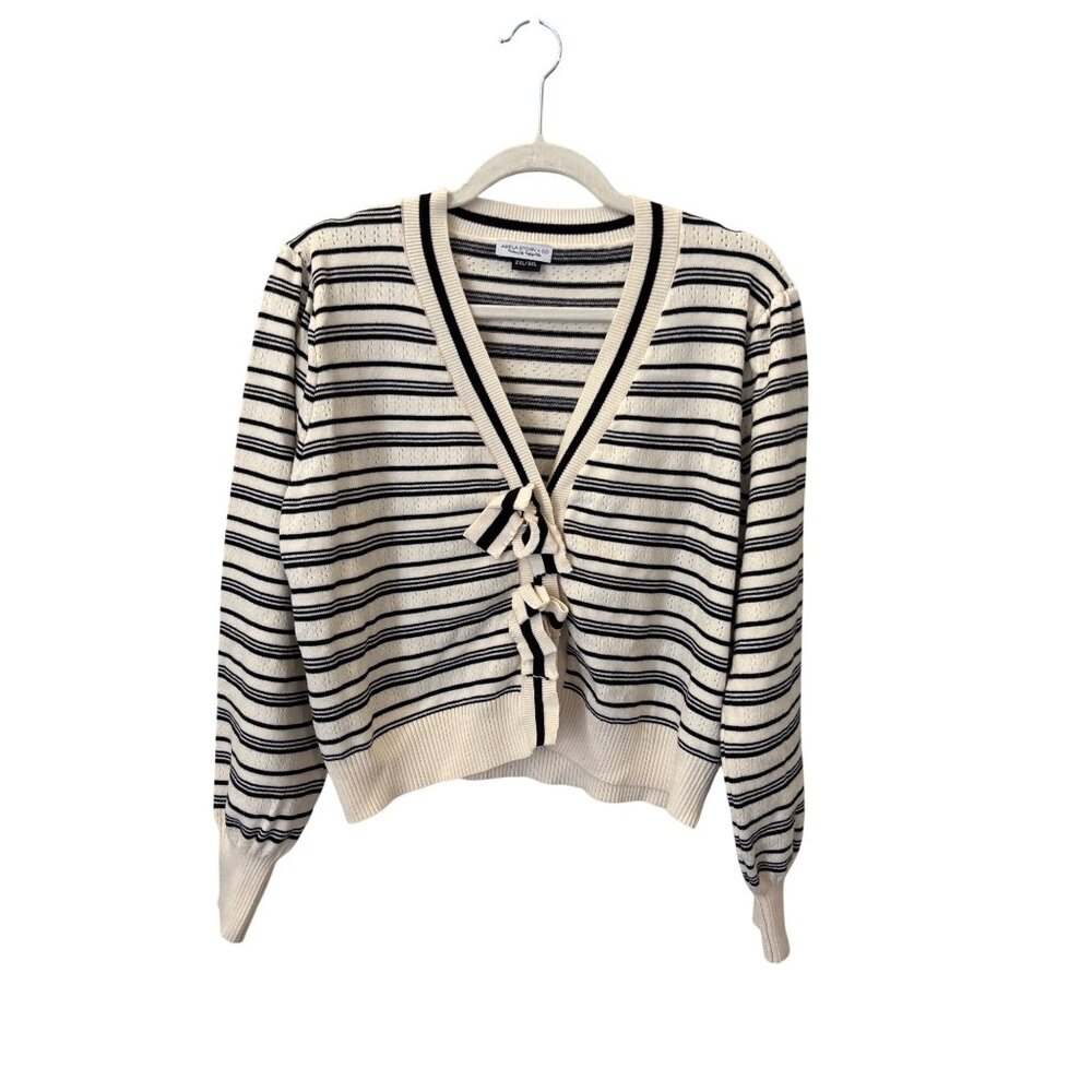 Abela Story + Co Cardigan Sweater Size 2XL/3XL Striped VNeck Tie Front Cozy Knit